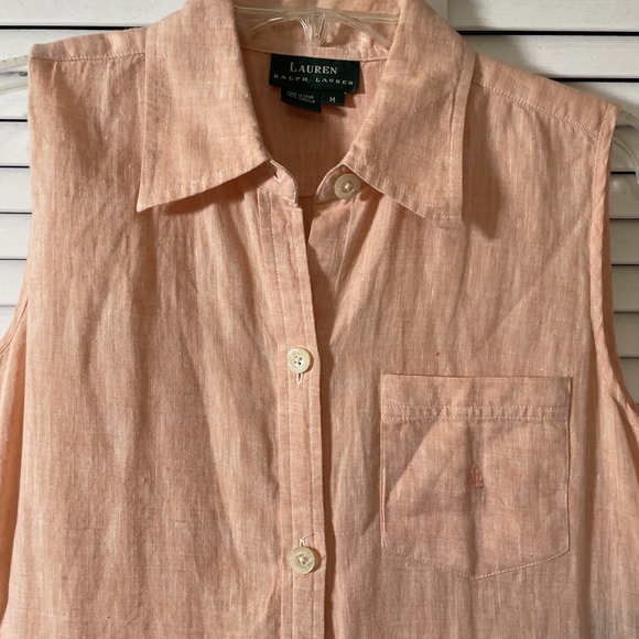 Lauren Ralph Lauren 100% Linen Peach Sleeveless Shirt Dress Women's Medium - Picture 2 of 8